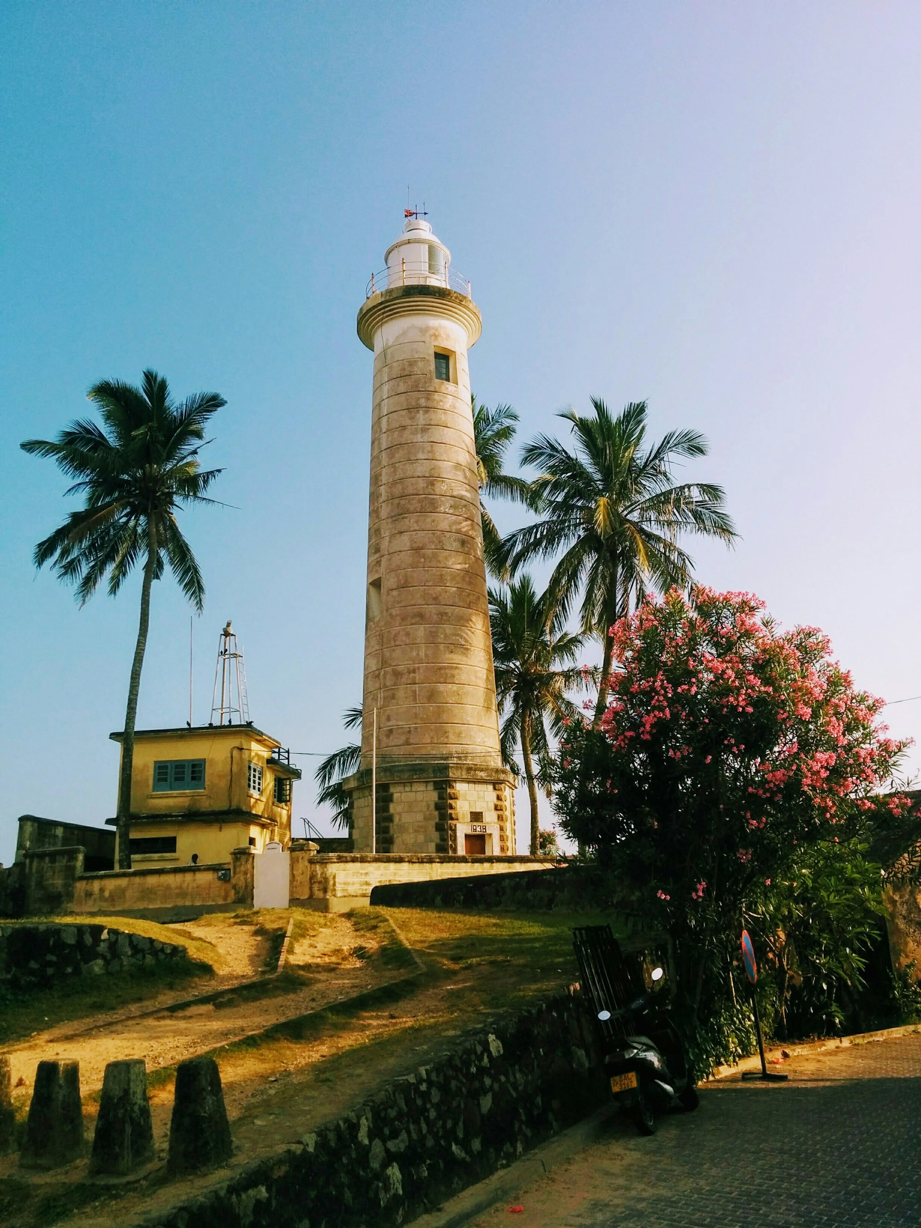 Galle lighthouse framed by palm trees and flowering shrubs